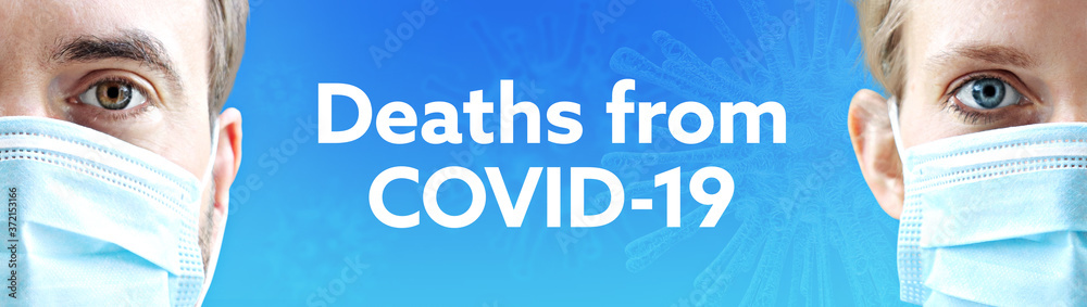 Deaths from COVID-19. Faces of man and woman with face mask. Couple wearing breathing mask. Blue background with text. Covid-19, coronavirus