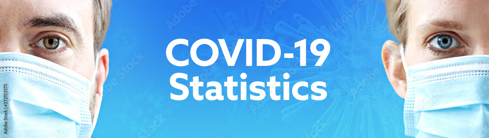 COVID-19 Statistics. Faces of man and woman with face mask. Couple wearing breathing mask. Blue background with text. Covid-19, coronavirus