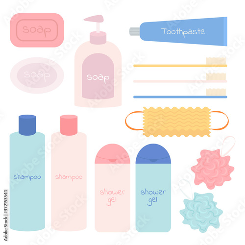 A set of bath accessories. Personal hygiene products. Soap, toothbrush, toothpaste, shower gel, shampoo, bath sponge. Vector icons. Flat illustration isolated on white background.