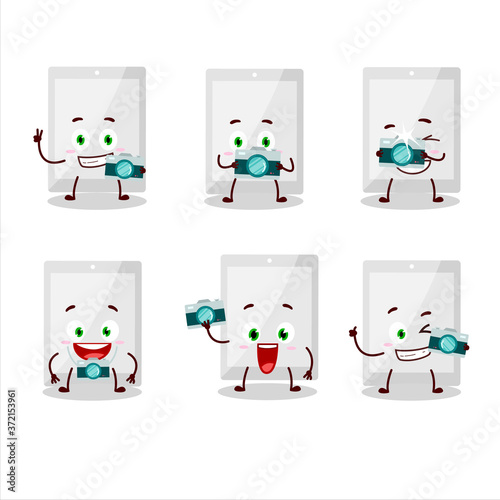 Photographer profession emoticon with white tablet cartoon character