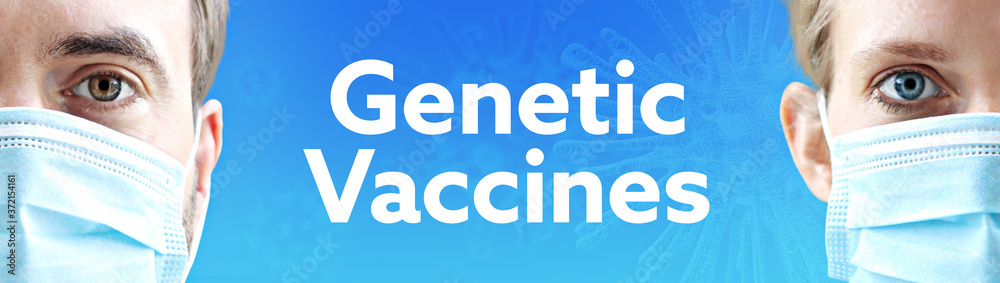 Genetic Vaccines. Faces of man and woman with face mask. Couple wearing breathing mask. Blue background with text. Covid-19, coronavirus