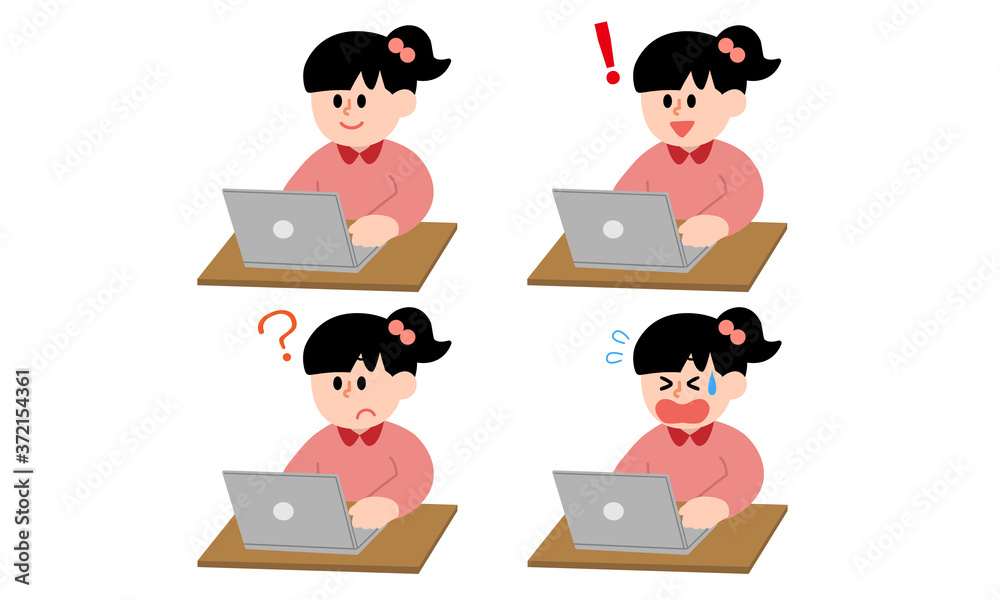パソコン操作する小学生女子イラストセット Stock Vector Adobe Stock