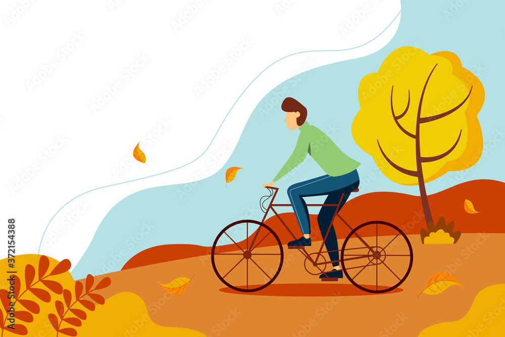 Fototapeta premium Guy in a sweater riding a bike in the park. Autumn illustration in flat style.