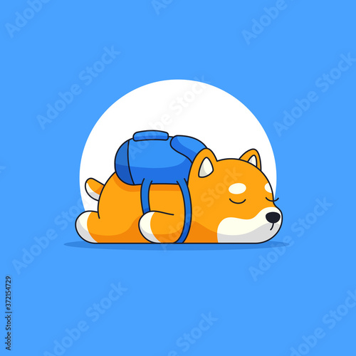 Cute shiba dog sleeping wear school bag vector outline illustration for animal tired after studying mascot