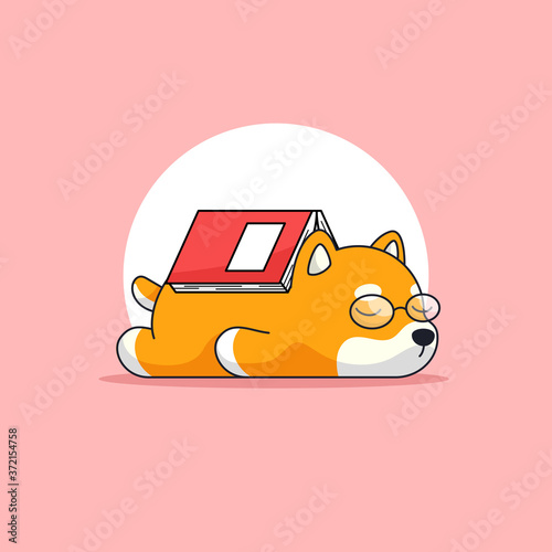 Cute Shiba dog wearing reading glass tired and sleep after read the thick book vector outline illustration mascot