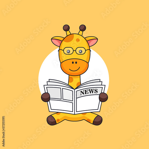 Giraffe sit and read the newspaper on the morning animal activity vector outline illustration