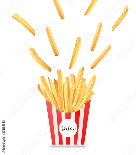 French fries in box template design, spread out into the air isolated on white background Eps 10 vector illustration