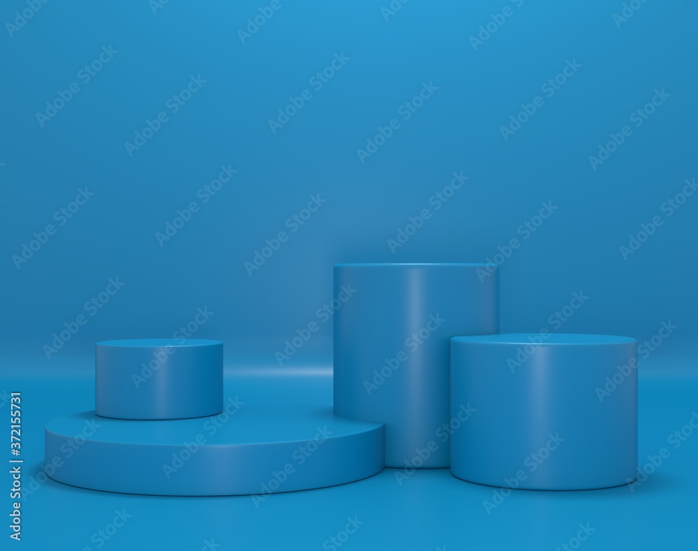 3d render. Blue shapes on Blue abstract background. Minimal cylinder podium 3d render. Blue shapes on Blue abstract background. Minimal cylinder podium