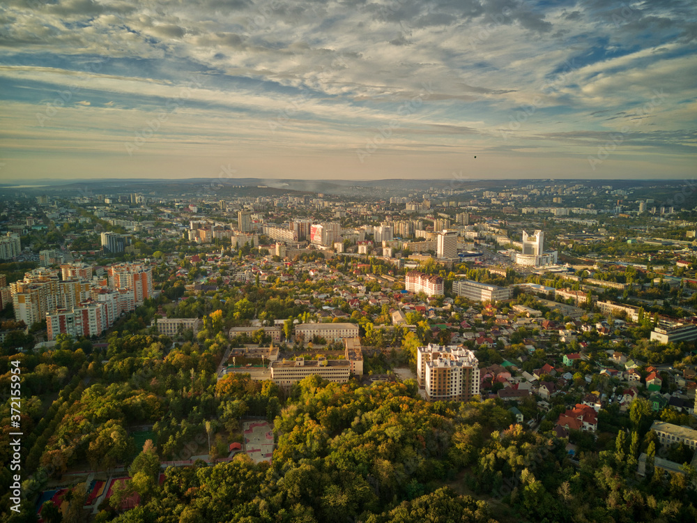 Panorama of the city in cloudy weather top view. Kishinev, Moldova republic of.