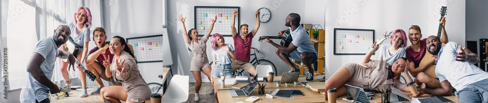 Collage of business people playing acoustic guitar and dancing in office