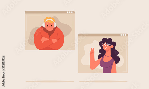 Concept of videoconference and web communication and work from home. Group of people on computer screen talking by internet. Team meeting online. Vector illustration cartoon style