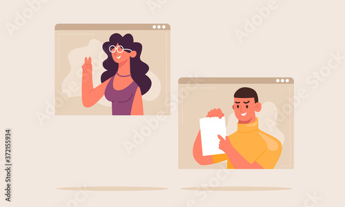 Concept of videoconference and web communication and work from home. Group of people on computer screen talking by internet. Team meeting online. Vector illustration cartoon style