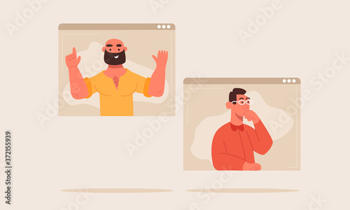 Concept of videoconference and web communication and work from home. Group of people on computer screen talking by internet. Team meeting online. Vector illustration cartoon style