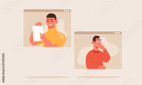Concept of videoconference and web communication and work from home. Group of people on computer screen talking by internet. Team meeting online. Vector illustration cartoon style