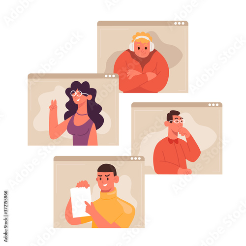 Concept of videoconference and web communication and work from home. Group of people on computer screen talking by internet. Team meeting online. Vector illustration cartoon style