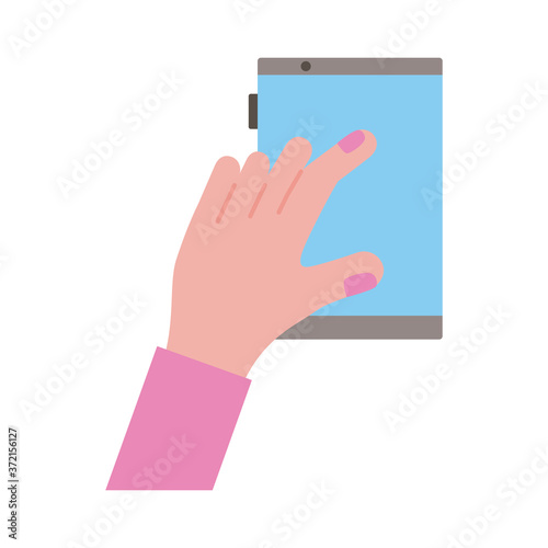 female hand touching smartphone display flat style icon