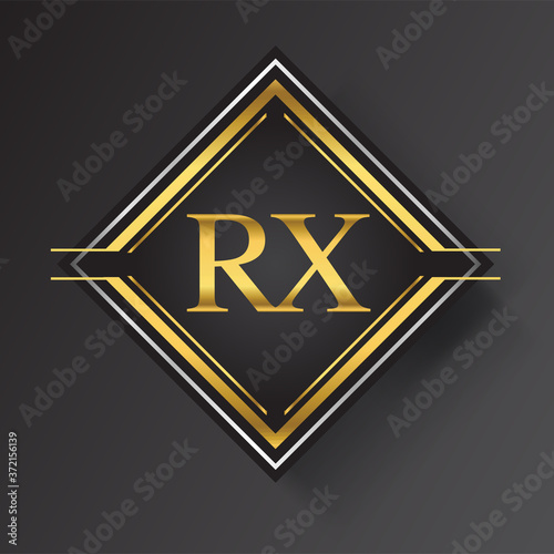 RX Letter logo in a square shape gold and silver colored geometric ornaments. Vector design template elements for your business or company identity.