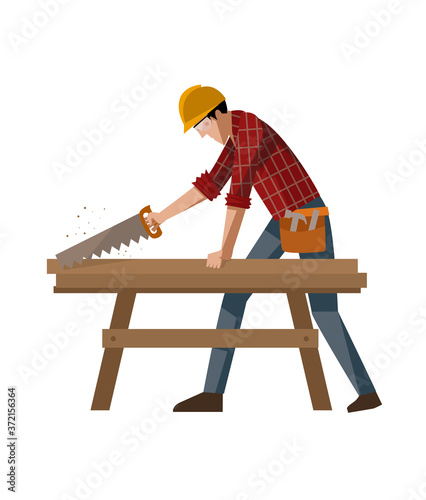 man worker carpenter with saw on wood