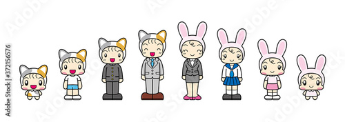 大人へと成長するねことうさぎの着ぐるみを着た子供たち