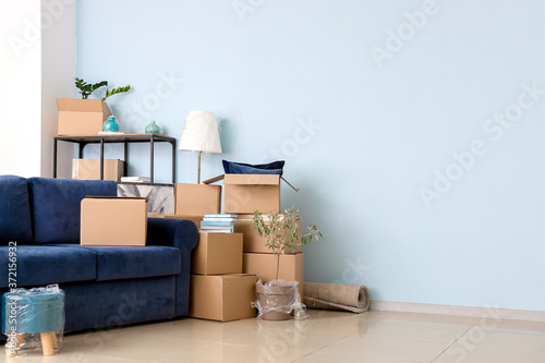 Cardboard boxes with belongings and sofa in new flat on moving day photo