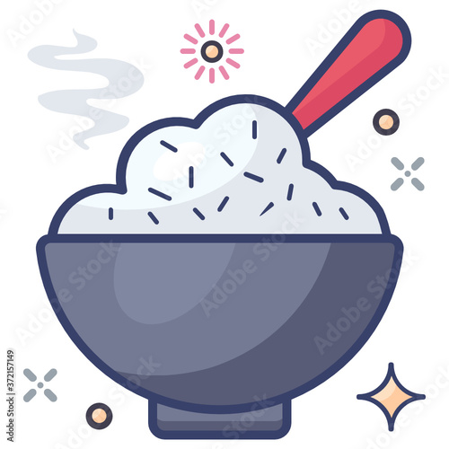 
Bowl of fried rice with spoon in modern flat style 
