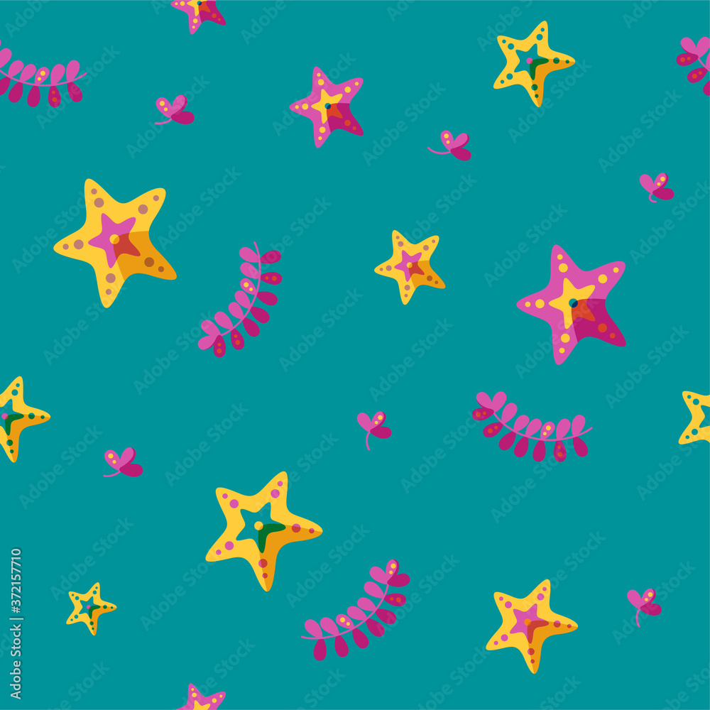 Seamless pattern with starfish and seaweed. Pattern for backgrounds, wallpapers and textile. Cartoon vector illustration in turquoise backround.