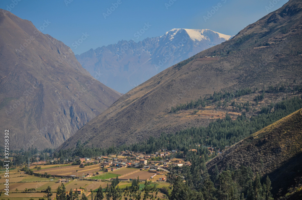 Mountains and valley in Ollantaytambo, Peru.