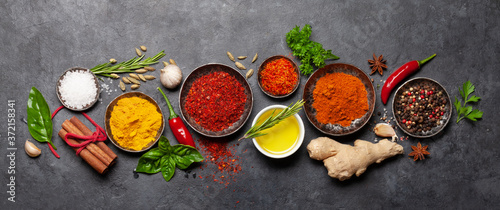 Various spices, herbs and condiments © evgeeenius