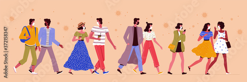 People wear masks and walk down the street. Students chat, drink coffee and hold the phone. Concept of protection against coronavirus covid-19 in everyday activities