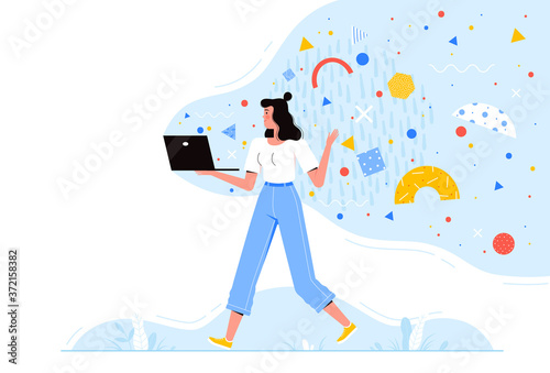 Young woman is walking with a laptop with flying abstract shapes. Concept of mobility, telework, internet accessibility and modern media