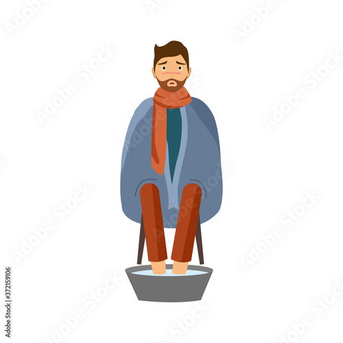 man with flu soaking feet in warm water in flat design. Young man catch a cold or flu concept vector illustration on white background.