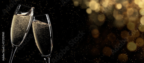 Christmas and New Year greeting card with champagne