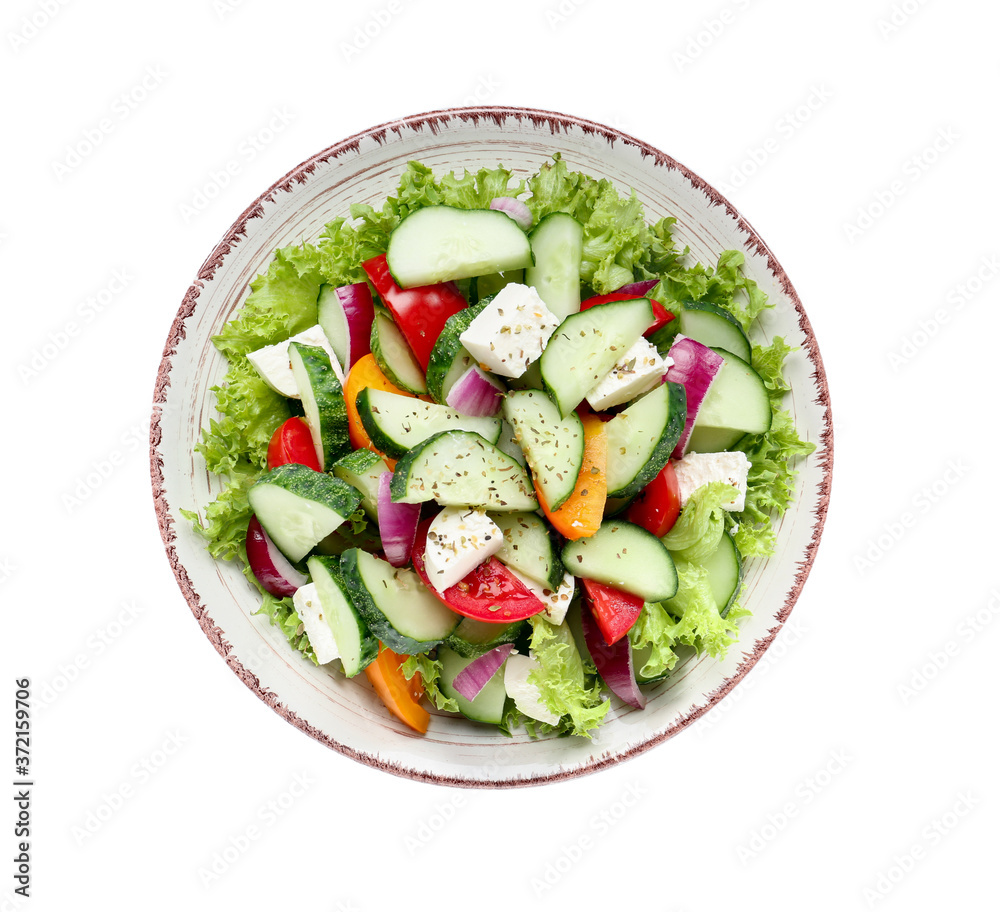 Plate with tasty cucumber salad on white background Plate with tasty cucumber salad on white background