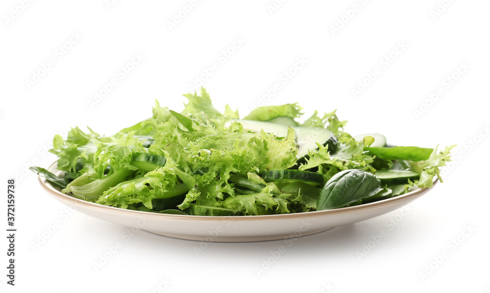 Plate with tasty cucumber salad on white background Plate with tasty cucumber salad on white background