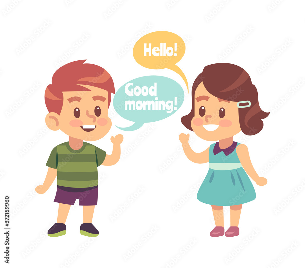 Kids good manners. Boy says good morning and girl with hello word in speech bubble, children greeting and thankful behavior, symbol of friendship. Flat vector cartoon isolated illustration Kids good manners. Boy says good morning and girl with hello word in speech bubble, children greeting and thankful behavior, symbol of friendship. Flat vector cartoon isolated illustration