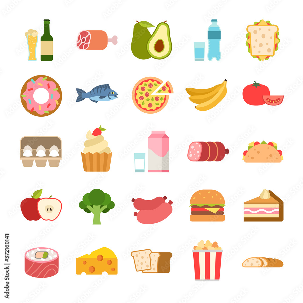 Flat food icons. Menu planning elements, fruits and vegetables, drinks, cheese and bread, milk and alcohol, meat, seafood unhealthy eating vector cartoon isolated colored set