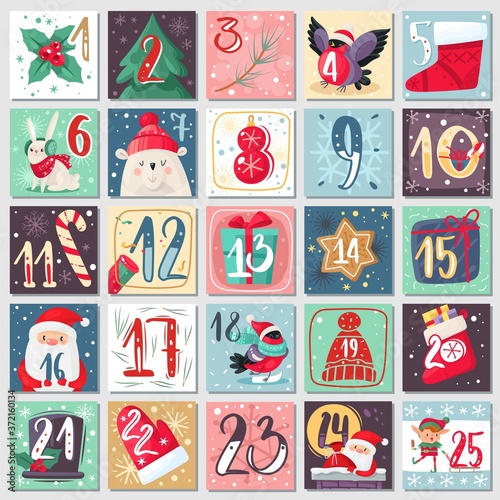 Christmas advent calendar. Winter festive poster with rabbit, bear and santa, xmas decoration and numbers, december calendar vector template photo