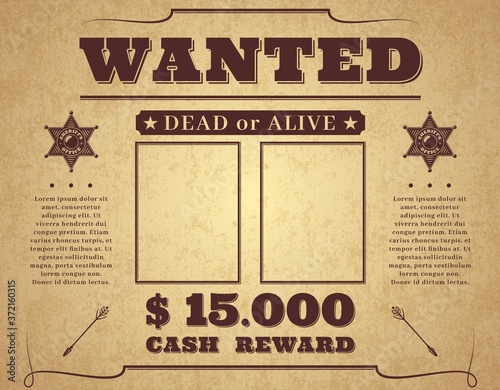 Wanted poster. Vintage western poster with empty place for crime photos, wild west criminal search banner with sheriff star, vector frame for flyer, people search template with copy space