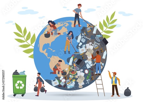 People clean planet. Globe in mountain of garbage from plastic bottles waste dishes, women and man cleanse Earth from pollution save world concept flat vector cartoon isolated illustration