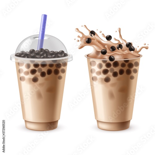 Bubble tea. Bubbles milk drinks with black tapioca, delicious milkshake, sweet liquid dessert with balls, popular asian pearls tea, plastic open and closed glass to go vector set