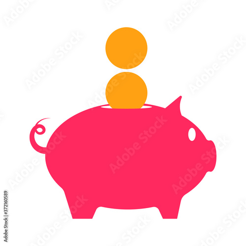 Pink pig piggy bank and yellow coins on white background, sign for design, vector illustration