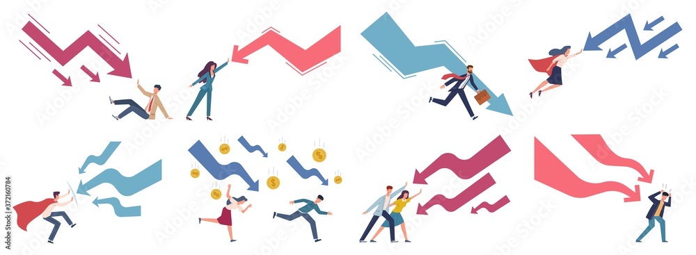 Finance decrease and crisis graph. Falling down business chart panic people try stopping falling arrow, business bankruptcy company, risk management concept vector flat characters set