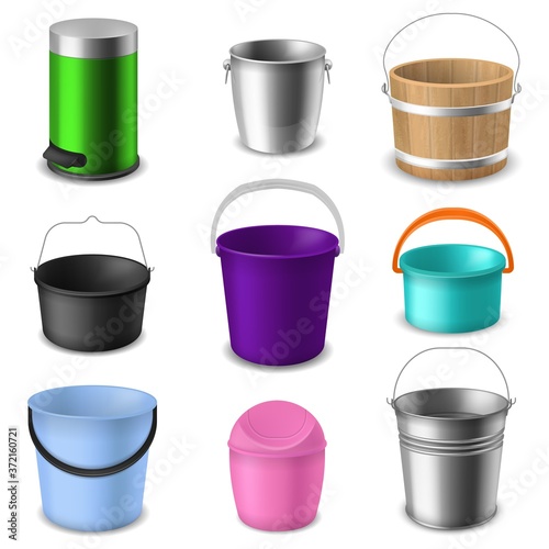 Buckets collection. Color empty plastic or metal bucketful with handle different types for liquids or garbage, garden or household containers realistic vector isolated set