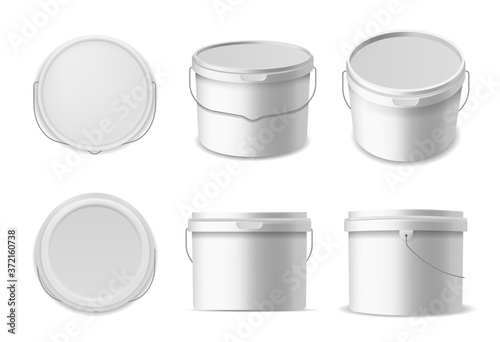 Plastic buckets. Construction liquids containers template, white bucket for products container mockup closed box in different angles, 3d realistic vector isolated mockups set