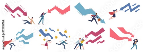 Finance decrease and crisis graph. Falling down business chart panic people try stopping falling arrow  business bankruptcy company  risk management concept vector flat characters set