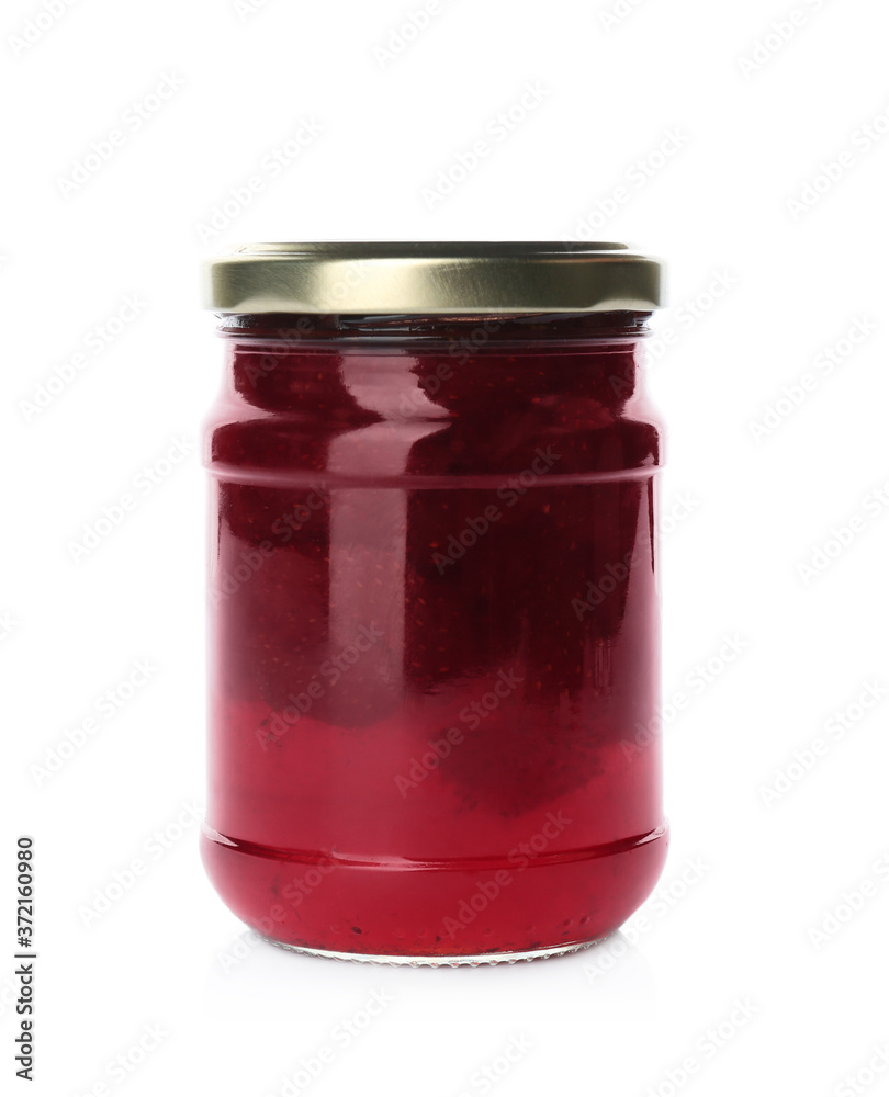 Glass jar with strawberry jam isolated on white. Pickling and preservation Glass jar with strawberry jam isolated on white. Pickling and preservation