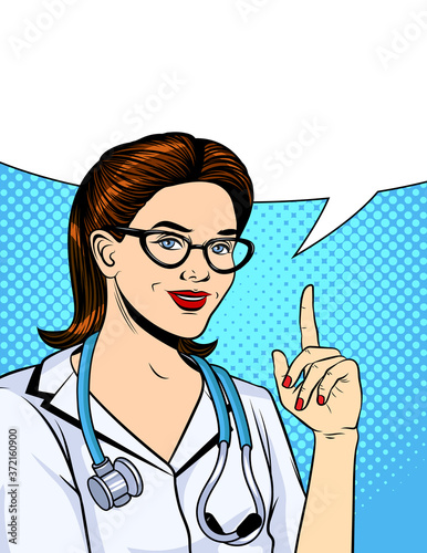 Vector color illustration in pop art comic style. Nurse is pointing finger up. Doctor woman with stethoscope wearing white uniform. Advertising vintage banner for clinics and hospitals