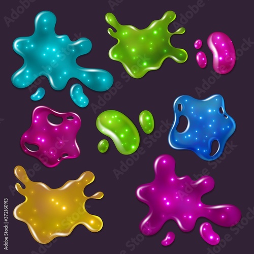 Colorful slime set. Glossy goo dirty mucus, paint drip, bright toxic shiny liquid, spot of poison dribble silhouette vector collection isolated on dark background