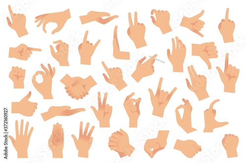 Hand gestures. Various arms, human hands, ok, thumb up and pointing finger, pinch and fist. Optimistic or pessimistic arm gesture, interactive communication vector isolated set