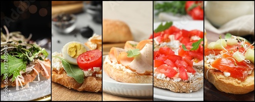 Collage of different tasty bruschettas. Banner design